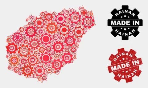 Mosaic Hainan Map of Cog Elements and Grunge Stamp Illustrazione stock