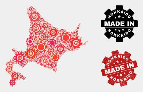 Mosaic Hokkaido Map of Gear Elements and Grunge Stamp Illustrazione stock