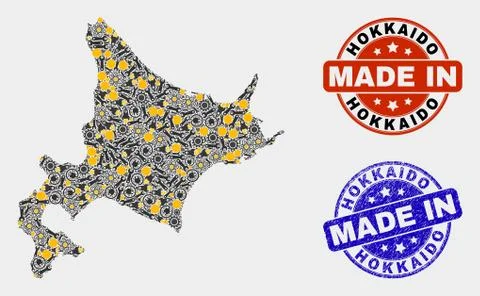 Mosaic Hokkaido Map of Industry Elements and Made In Grunge Stamp 스톡 일러스트