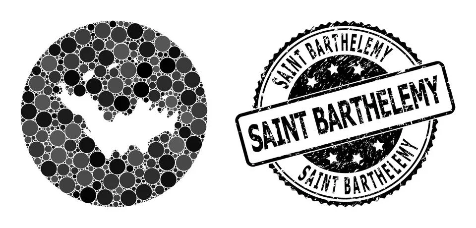 Mosaic Hole Round Map of Saint Barthelemy and Rubber Seal Stock Illustration
