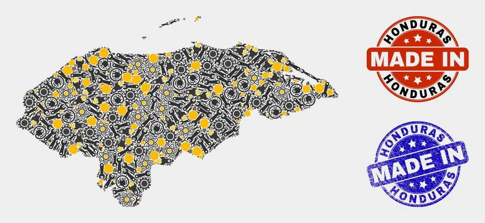 Mosaic Honduras Map of Production Elements and Made In Grunge Stamp Illustrazione stock