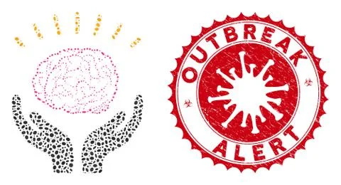 Mosaic Human Brain Knowledge Icon with Coronavirus Scratched Outbreak Alert Seal Stock Illustration