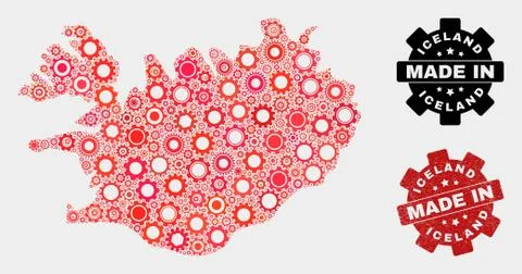Mosaic Iceland Map of Cog Elements and Grunge Seal 스톡 일러스트