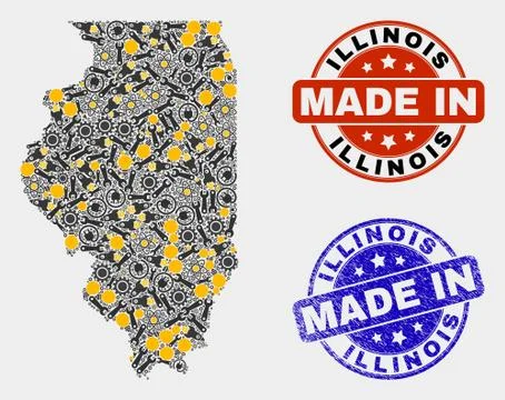 Mosaic Illinois State Map of Production Elements and Made In Grunge Stamp Stock Illustration