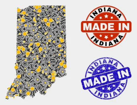 Mosaic Indiana State Map of Technology Elements and Made In Grunge Stamp イラスト素材