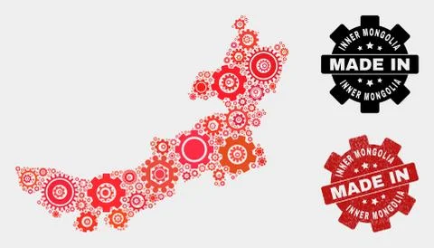 Mosaic Inner Mongolia Map of Gear Elements and Grunge Seal Stock Illustration