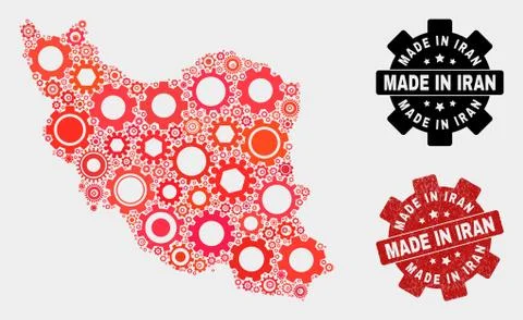 Mosaic Iran Map of Gear Elements and Grunge Stamp Stock Illustration