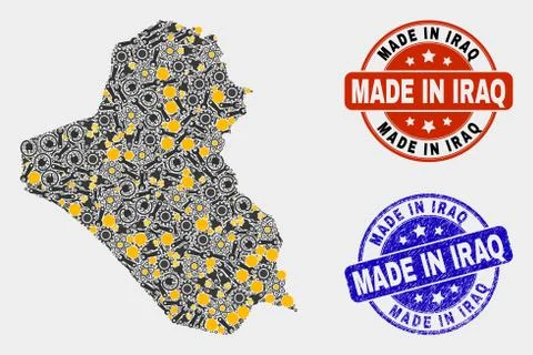 Mosaic Iraq Map of Industry Elements and Made In Grunge Stamp Stock Illustration