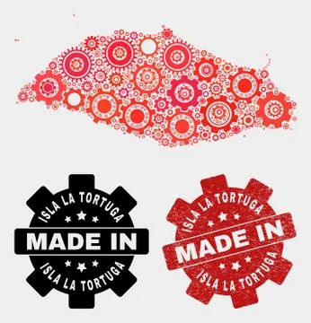Mosaic Isla La Tortuga Map of Cog Items and Grunge Seal Illustrazione stock