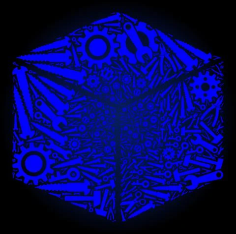 Mosaic Isometric Cube of Industrial Tools in Blue Colors Stock Illustration