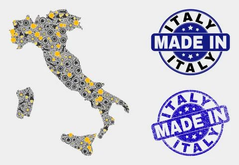 Mosaic Italy Map of Production Elements and Made In Grunge Stamp Illustrazione stock