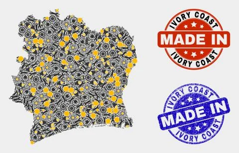 Mosaic Ivory Coast Map of Workshop Elements and Made In Grunge Stamp Stock Illustration