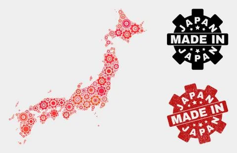 Mosaic Japan Map of Cogwheel Elements and Grunge Seal Illustrazione stock
