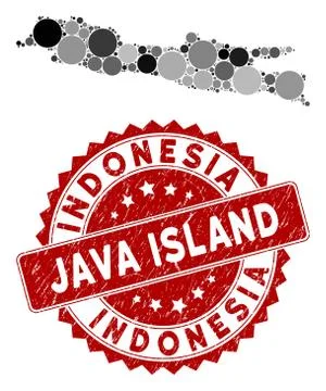 Mosaic Java Island Map and Scratched Round Stamp Seal Stock-Illustration