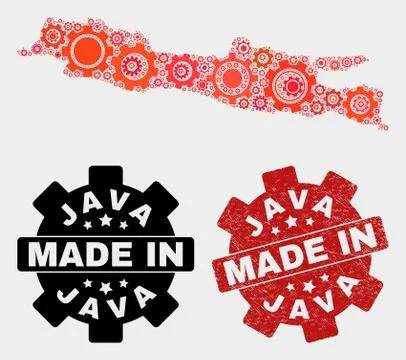 Mosaic Java Island Map of Cogwheel Items and Grunge Stamp Stock Illustration