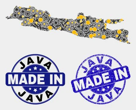 Mosaic Java Island Map of Workshop Elements and Made In Grunge Seal Stock Illustration