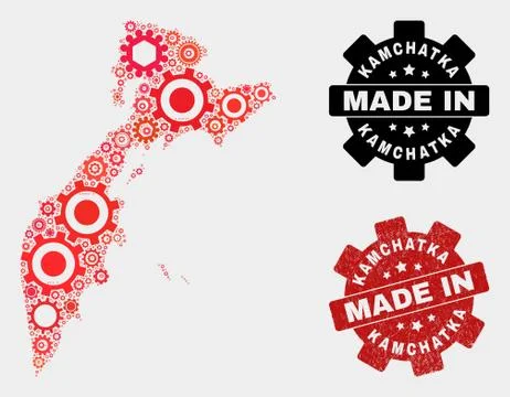 Mosaic Kamchatka Map of Cogwheel Elements and Grunge Stamp 스톡 일러스트