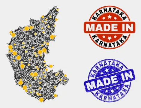 Mosaic Karnataka State Map of Industry Elements and Made In Grunge Stamp 스톡 일러스트