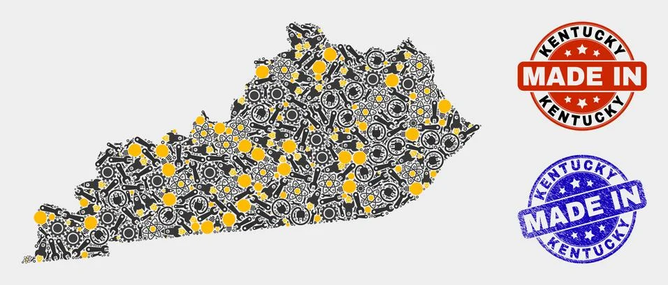 Mosaic Kentucky State Map of Workshop Elements and Made In Grunge Stamp Stock Illustration