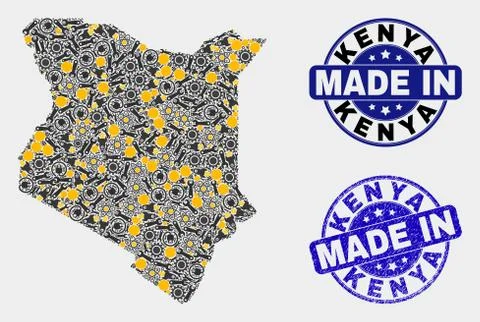 Mosaic Kenya Map of Industry Elements and Made In Grunge Stamp Stock Illustration