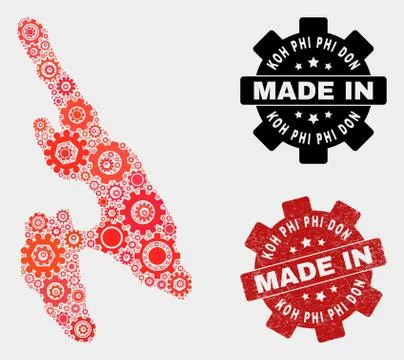 Mosaic Koh Phi Don Map of Gear Elements and Grunge Seal Illustrazione stock