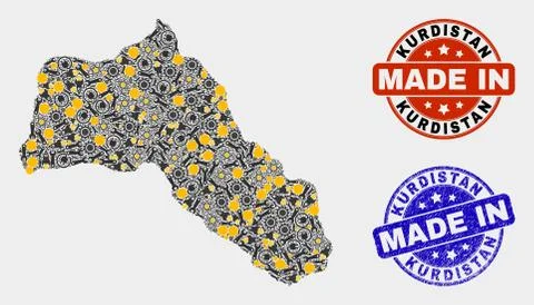 Mosaic Kurdistan Map of Production Elements and Made In Grunge Stamp 스톡 일러스트