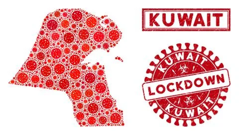 Mosaic Kuwait Map and Distress Lockdown Seals Stock Illustration