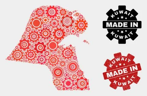 Mosaic Kuwait Map of Cogwheel Elements and Grunge Stamp 스톡 일러스트