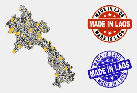 Mosaic Laos Map of Industry Elements and Made In Grunge Stamp Stock Illustration