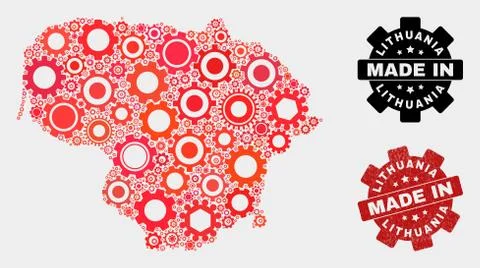 Mosaic Lithuania Map of Gear Elements and Grunge Seal 스톡 일러스트