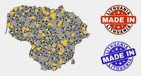Mosaic Lithuania Map of Workshop Elements and Made In Grunge Stamp Stock Illustration