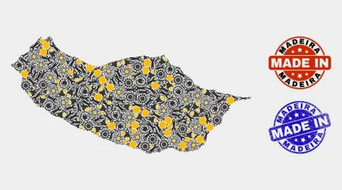 Mosaic Madeira Map of Industrial Elements and Made In Grunge Stamp Illustrazione stock