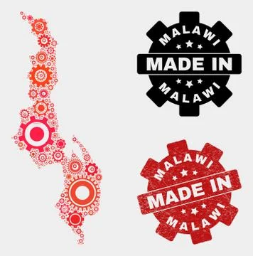 Mosaic Malawi Map of Cog Elements and Grunge Seal Illustrazione stock