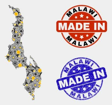 Mosaic Malawi Map of Technology Elements and Made In Grunge Stamp Stock Illustration