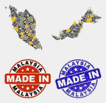 Mosaic Malaysia Map of Service Elements and Made In Grunge Stamp 스톡 일러스트