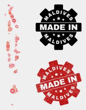 Mosaic Maldives Map of Gear Elements and Grunge Stamp 스톡 일러스트