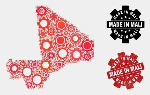 Mosaic Mali Map of Cogwheel Elements and Grunge Seal Illustrazione stock