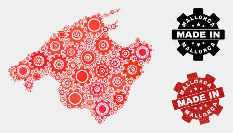 Mosaic Mallorca Map of Cog Elements and Grunge Seal Illustrazione stock