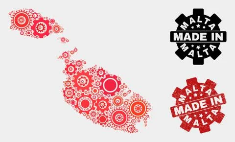 Mosaic Malta Map of Cogwheel Elements and Grunge Stamp Illustrazione stock