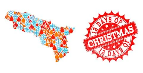 Mosaic Map of Abkhazia of Flame and Snowflakes and 12 Days of Christmas Distress Ilustración de archivo