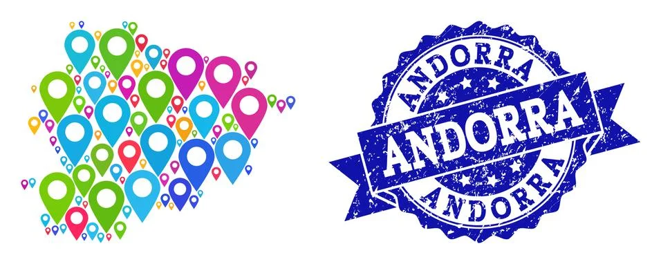 Mosaic Map of Andorra with Map Pointers and Textured Seal 스톡 일러스트