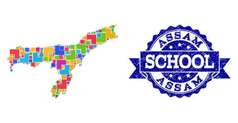 Mosaic Map of Assam State and Grunge School Seal Composition Illustrazione stock