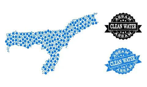 Mosaic Map of Assam State with Water Tears and Grunge Stamp Seal Stock Illustration