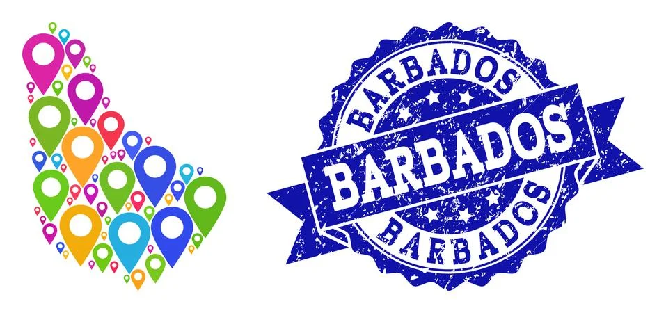 Mosaic Map of Barbados with Map Pointers and Distress Seal Stock Illustration