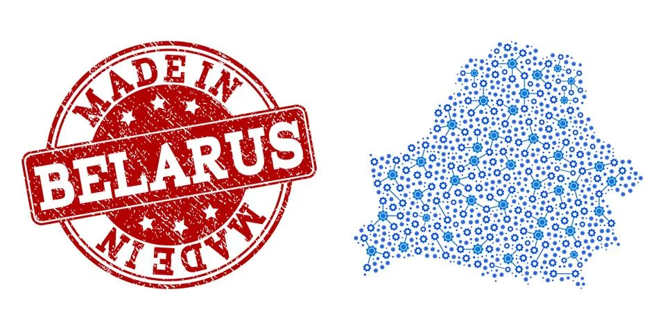 Mosaic Map of Belarus with Engine Connections and Made In Grunge Stamp Stock Illustration