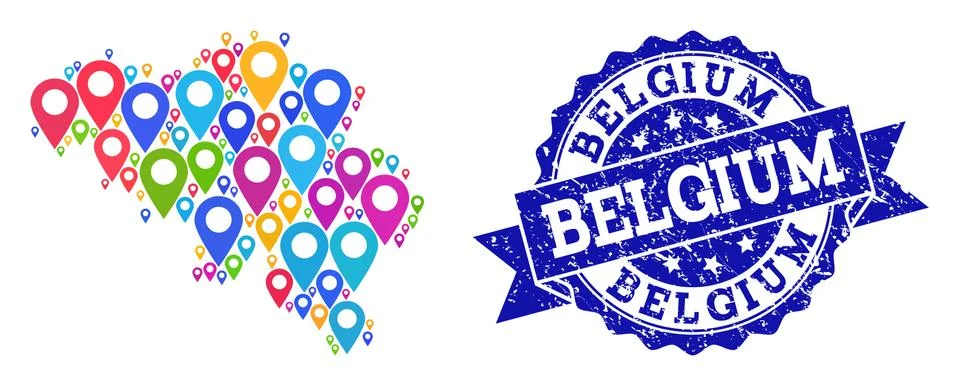 Mosaic Map of Belgium with Map Pointers and Grunge Seal 库存插图