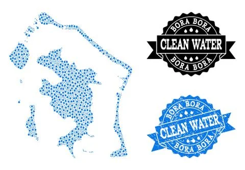 Mosaic Map of Bora-Bora with Water Tears and Grunge Stamp Seal Stock Illustration