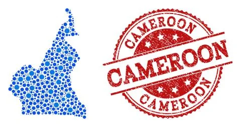 Mosaic Map of Cameroon with Linked Points and Scratched Stamp Illustrazione stock