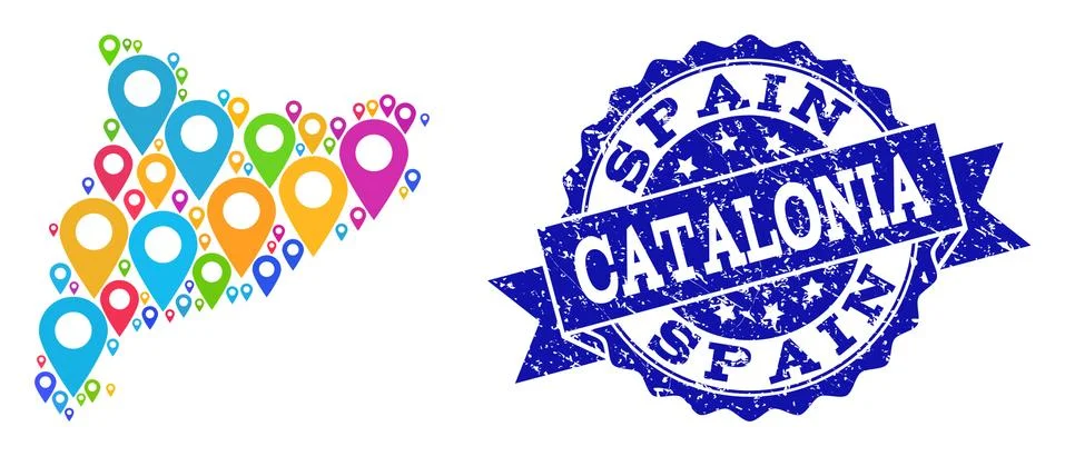 Mosaic Map of Catalonia with Map Pointers and Distress Seal 스톡 일러스트