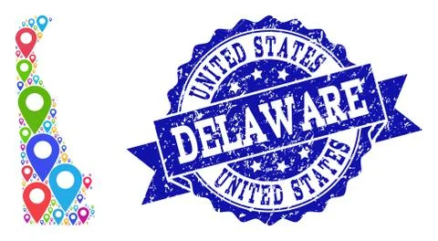 Mosaic Map of Delaware State with Map Pins and Scratched Seal Illustration